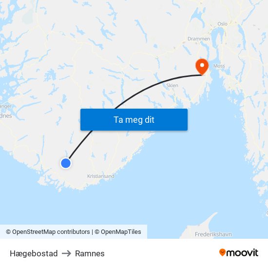 Hægebostad to Ramnes map