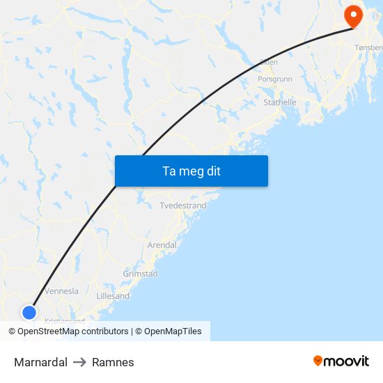 Marnardal to Ramnes map