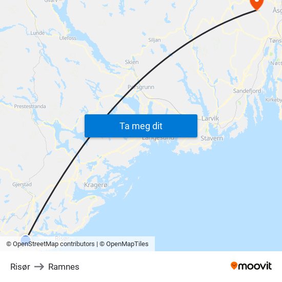 Risør to Ramnes map