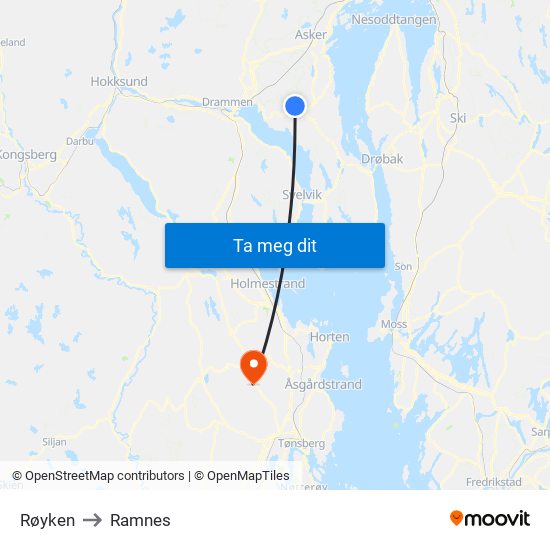 Røyken to Ramnes map