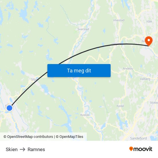 Skien to Ramnes map