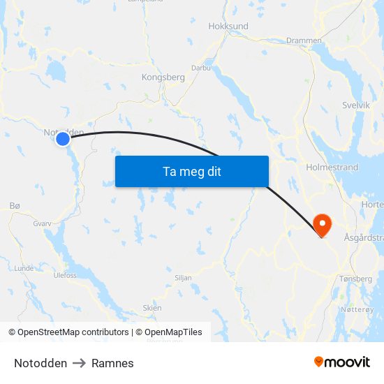 Notodden to Ramnes map