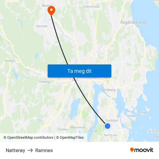 Nøtterøy to Ramnes map