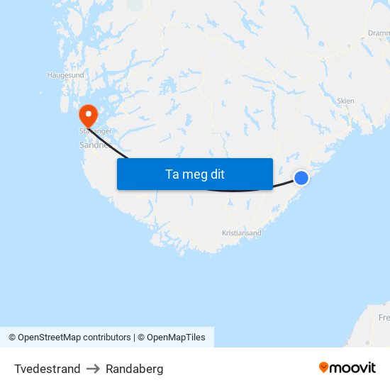 Tvedestrand to Randaberg map