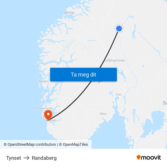 Tynset to Randaberg map