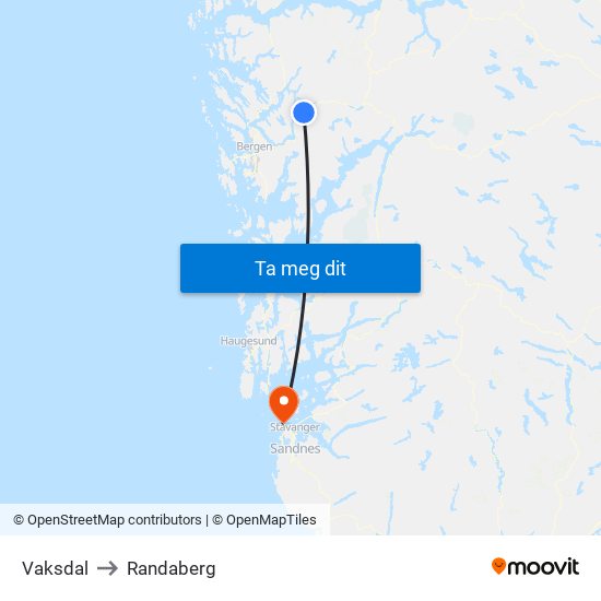 Vaksdal to Randaberg map