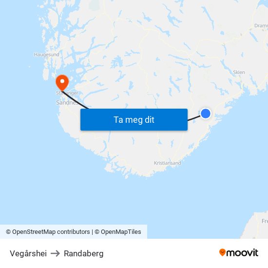 Vegårshei to Randaberg map