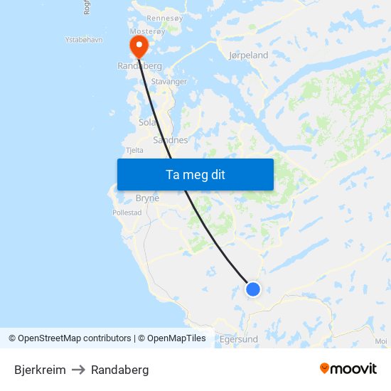 Bjerkreim to Randaberg map