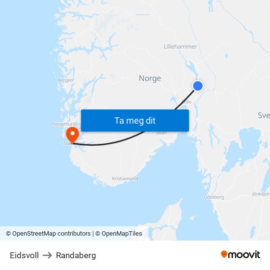 Eidsvoll to Randaberg map