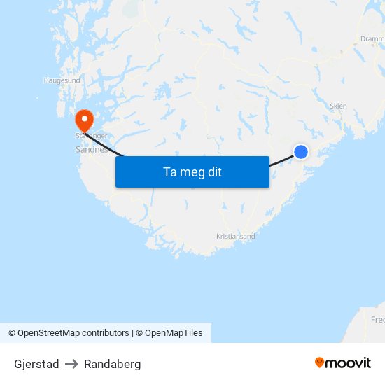 Gjerstad to Randaberg map