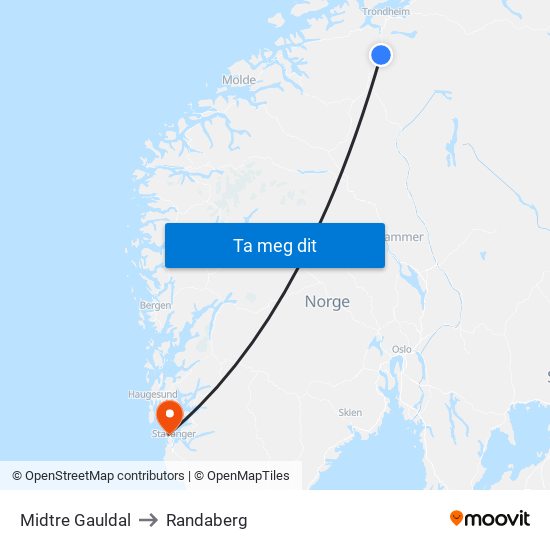 Midtre Gauldal to Randaberg map