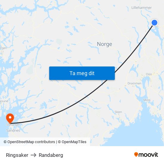 Ringsaker to Randaberg map