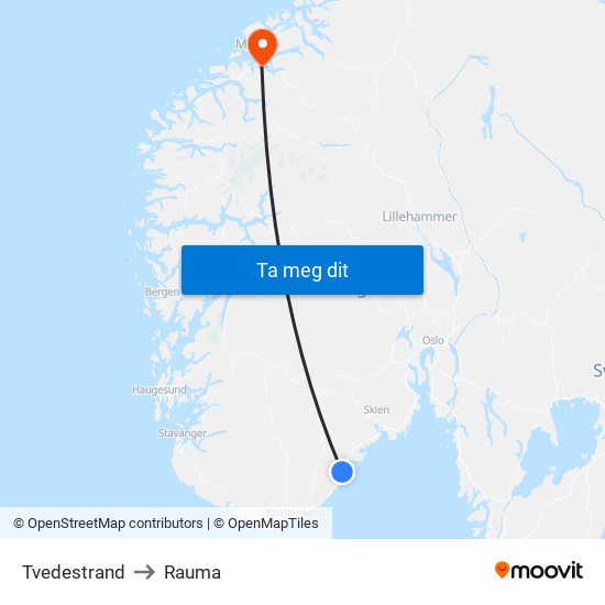 Tvedestrand to Rauma map