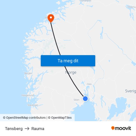 Tønsberg to Rauma map