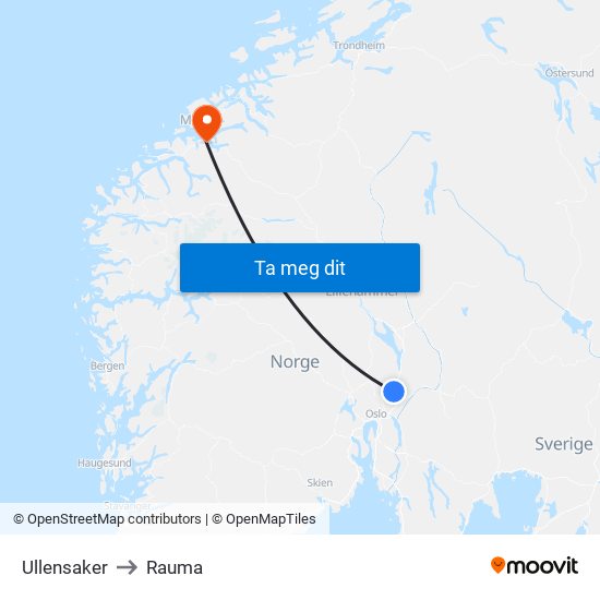 Ullensaker to Rauma map