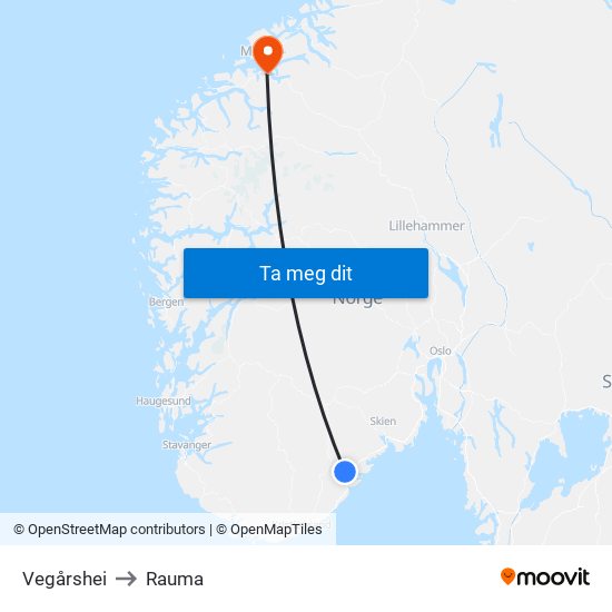 Vegårshei to Rauma map