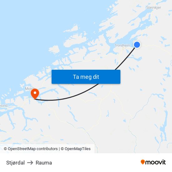 Stjørdal to Rauma map