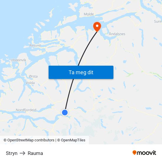 Stryn to Rauma map
