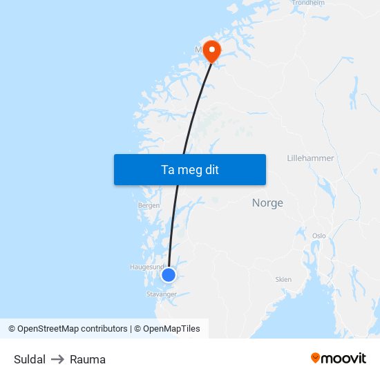 Suldal to Rauma map