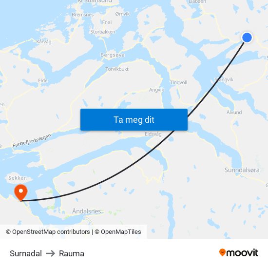 Surnadal to Rauma map