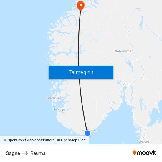 Søgne to Rauma map