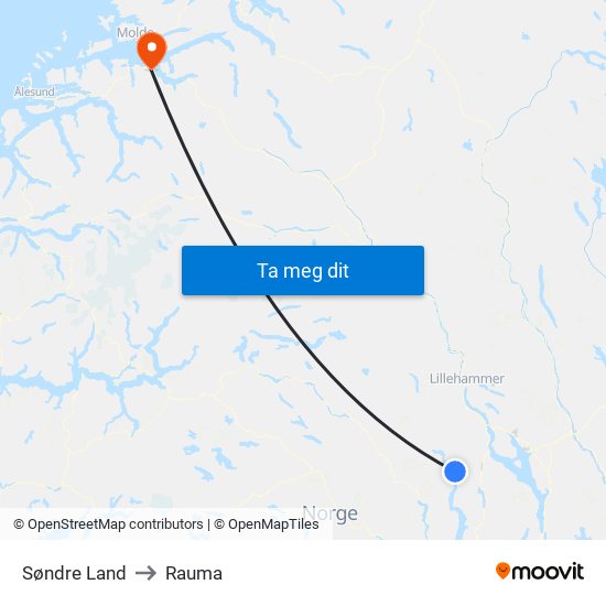 Søndre Land to Rauma map