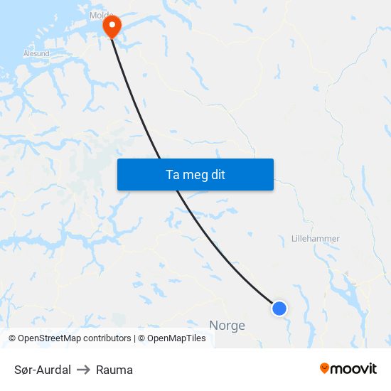 Sør-Aurdal to Rauma map