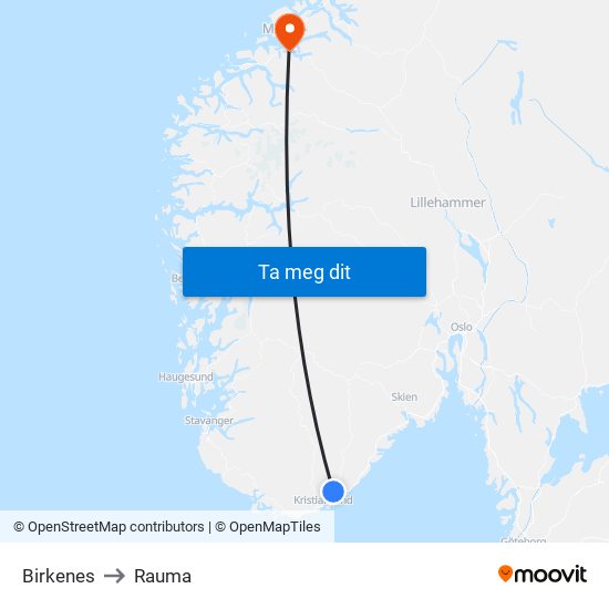Birkenes to Rauma map