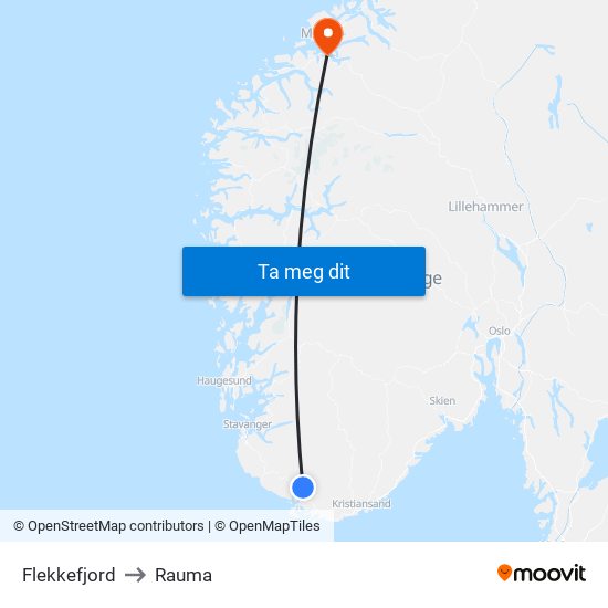 Flekkefjord to Rauma map