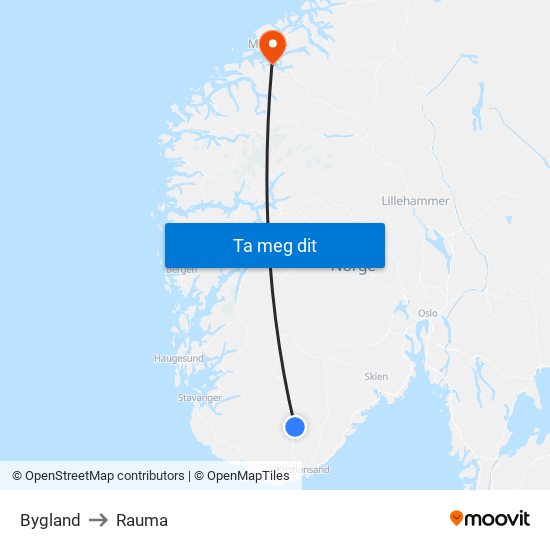 Bygland to Rauma map