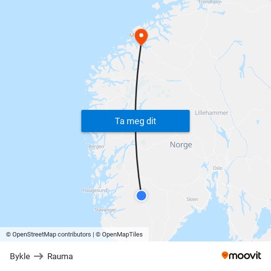 Bykle to Rauma map