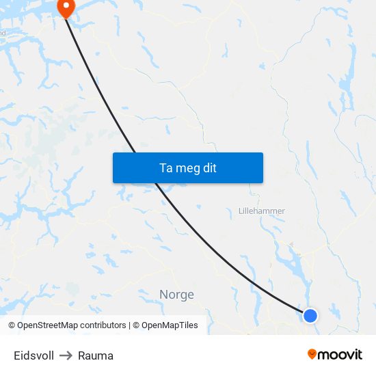 Eidsvoll to Rauma map