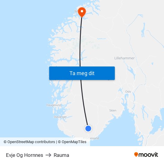 Evje Og Hornnes to Rauma map