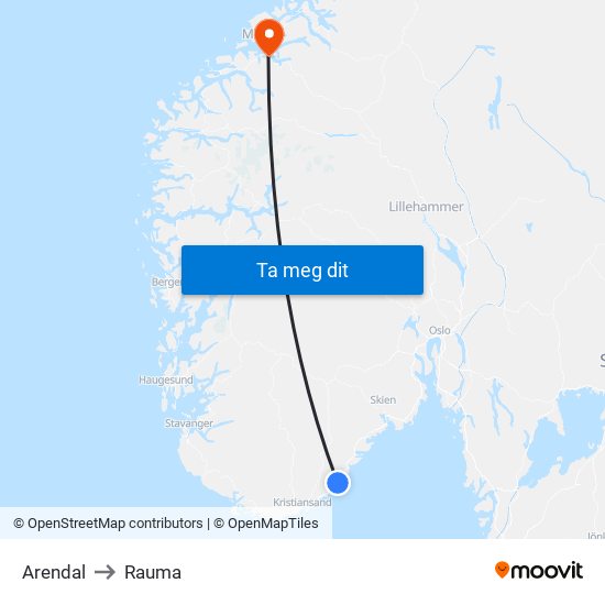 Arendal to Rauma map
