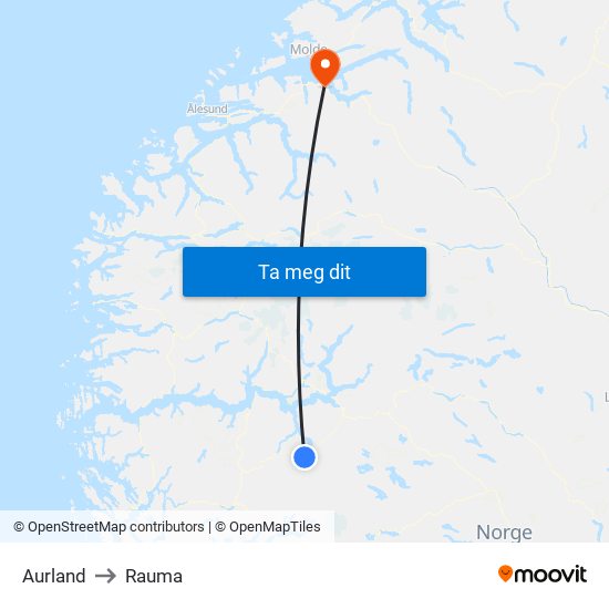 Aurland to Rauma map