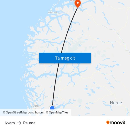 Kvam to Rauma map