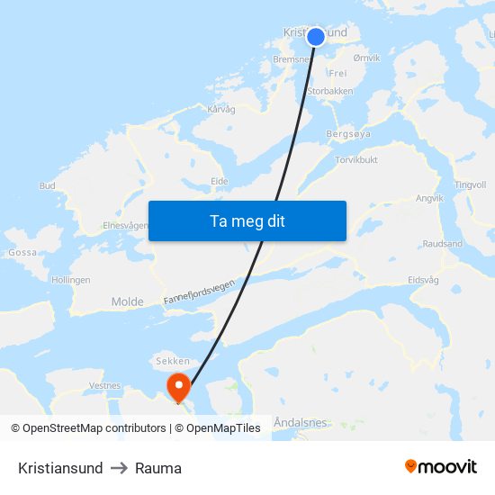 Kristiansund to Rauma map