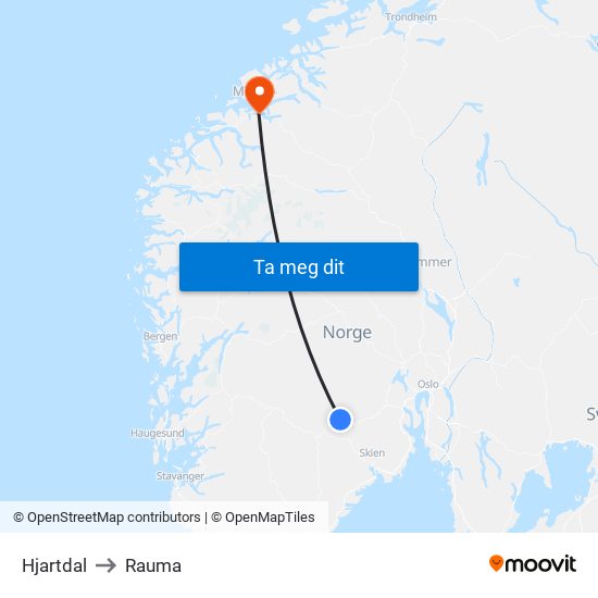 Hjartdal to Rauma map