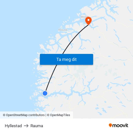 Hyllestad to Rauma map