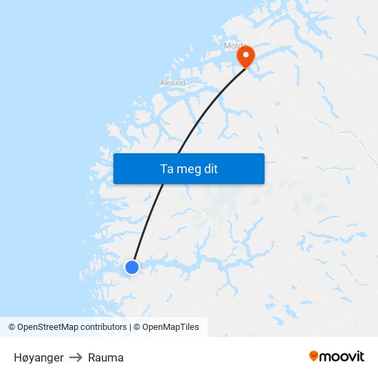 Høyanger to Rauma map