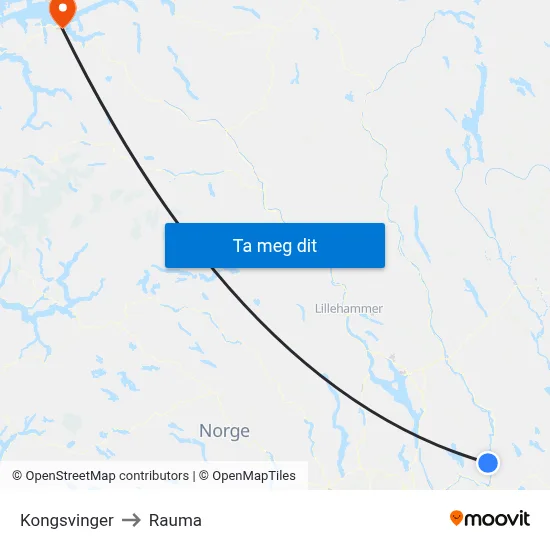 Kongsvinger to Rauma map