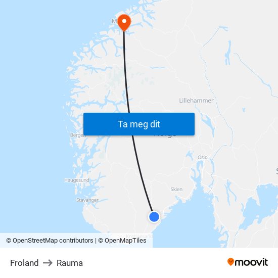 Froland to Rauma map