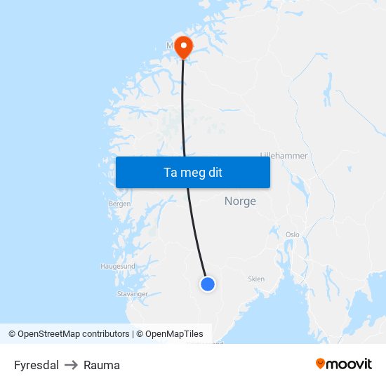Fyresdal to Rauma map