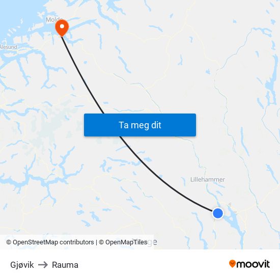 Gjøvik to Rauma map