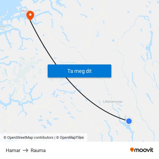 Hamar to Rauma map