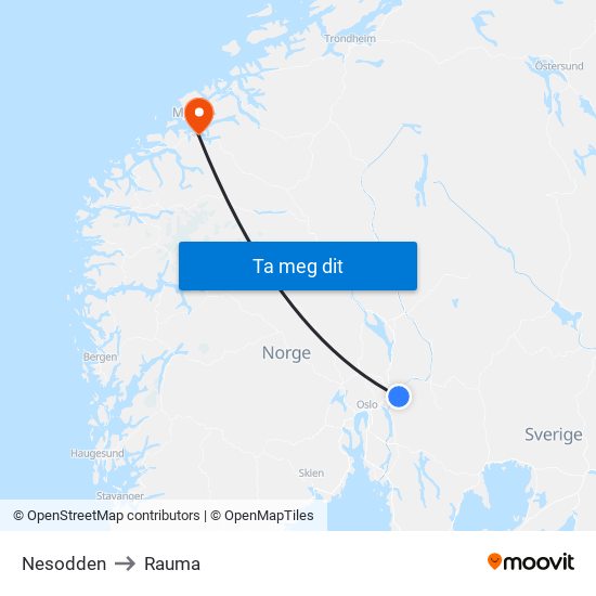 Nesodden to Rauma map