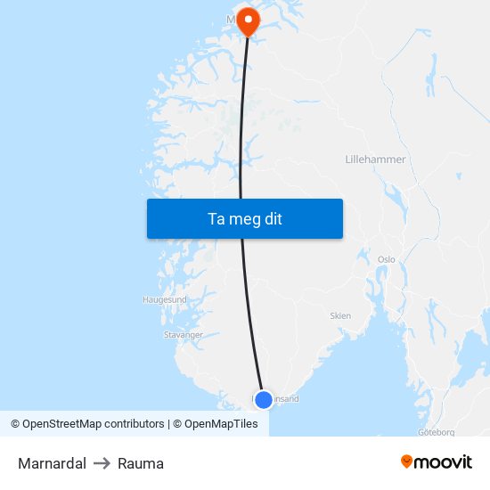 Marnardal to Rauma map