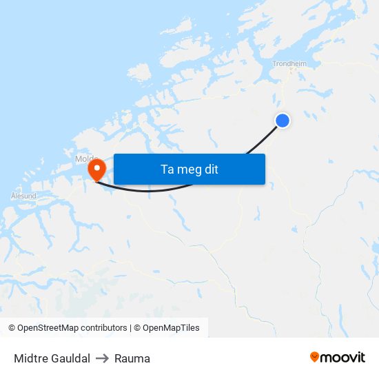 Midtre Gauldal to Rauma map