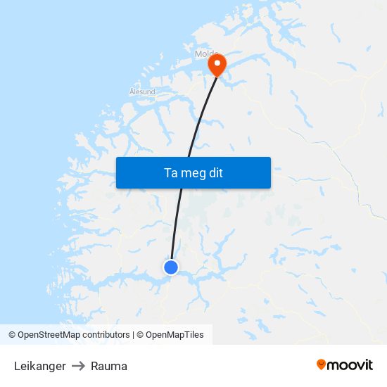 Leikanger to Rauma map