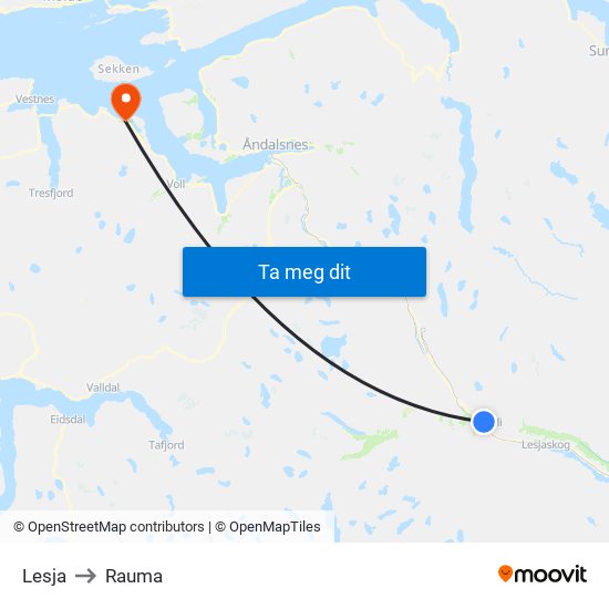 Lesja to Rauma map